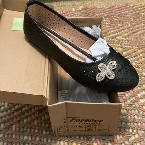 Black Flats with Rhinestone Flowers